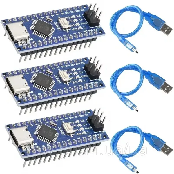 Новий Комплект мікроконтролерів Arduino Nano,ATmega328P з кабелями USB Type-С