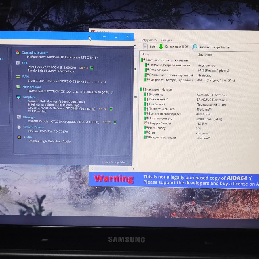 Ноутбук Б/В Samsung RC730, Intel Core i7-2630QM, DDR3 8 GB, SSD 256GB, NVIDIA GeForce GT 540M 1Gb, 17.3"