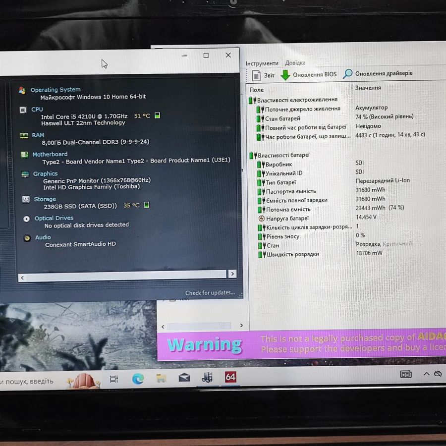 Ноутбук Б/В Toshiba Satellite L50-B-1Z0, Intel Core i5-4210U, DDR3 8 GB, SSD 256GB, 15.6" HD
