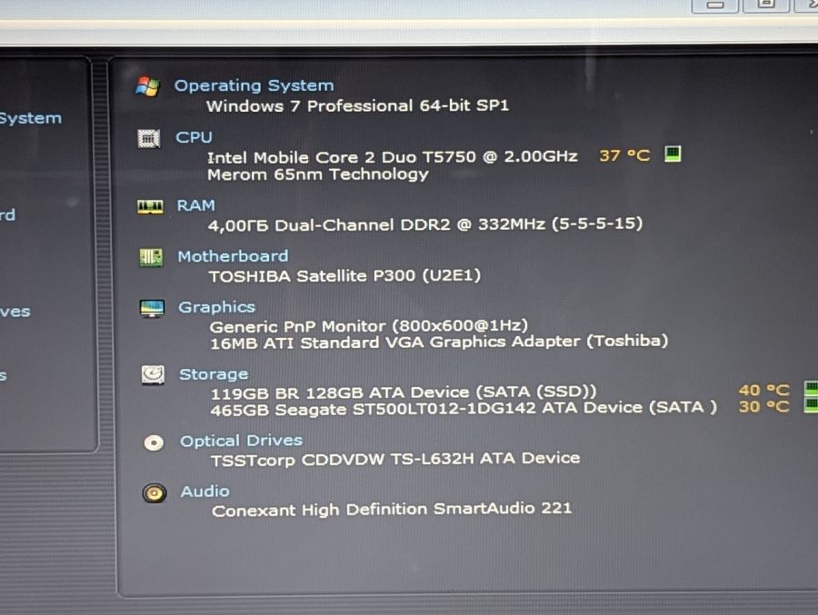 Уцінка! Ноутбук Б/В Toshiba Satellite P300, Intel Core 2 Duo T5750, DDR2 4 GB, SSD 128GB + HDD 500GB, Standard VGA Graphics Adapter 16Mb, 17.1"