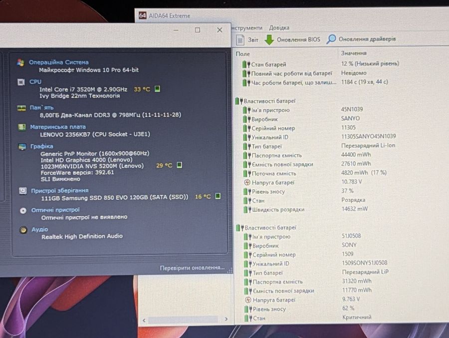 Ноутбук Б/В Lenovo T430S, Intel Core i7-3520M, DDR3 8 GB, SSD 128GB, NVIDIA NVS 5200M 1Gb, 14"
